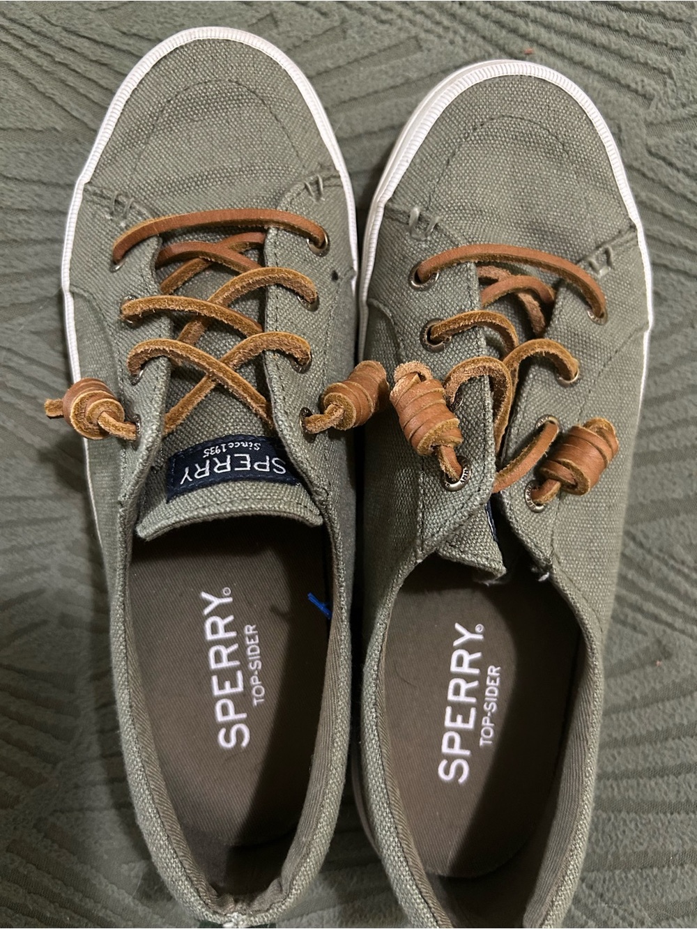 Sperry Olive Canvas Low-Top Sneakers with Tan Leather Laces - Picture 3 of 4